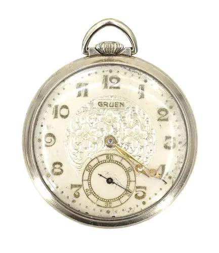 Open Face Gruen Pocket Watch with Fleur-de-Lis Watch Holder Pin - As Is