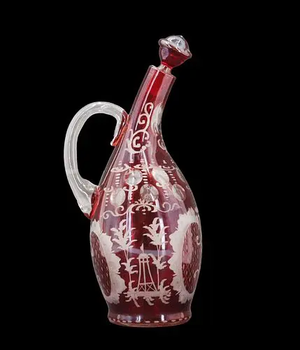 Antique Bohemian Cranberry Etched Glass Decanter