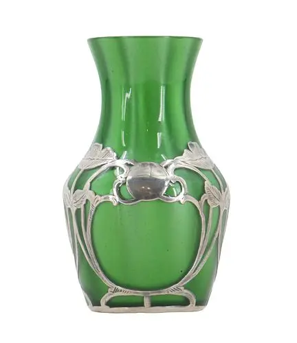 Antique Loetz Art Nouveau Metallin Green Glass and Alvin Pure Silver