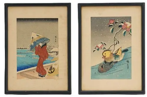 (2) Japanese Ukiyo-e Woodblock Prints, "Umbrella in Heavy Snow" and