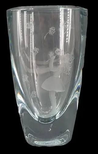 Swedish Strombergshyttan Art Glass Vase with Etched Scene