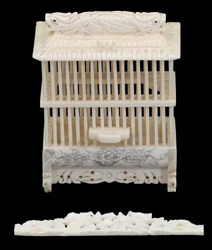 Antique Chinese Hand Carved Bone Cricket Cage with Floral Decoration