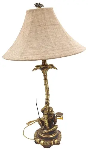 Vintage Hollywood Regency Metal Monkey and Palm Tree Table Lamp