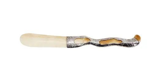 Antique Decorative Carved Bone and Silver Butter Knife