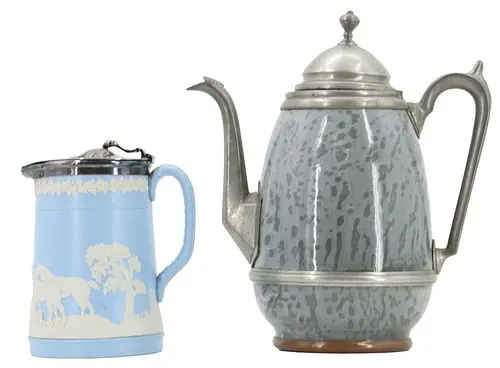 Graniteware and Pewter Coffee Pot and Jasperware Jug