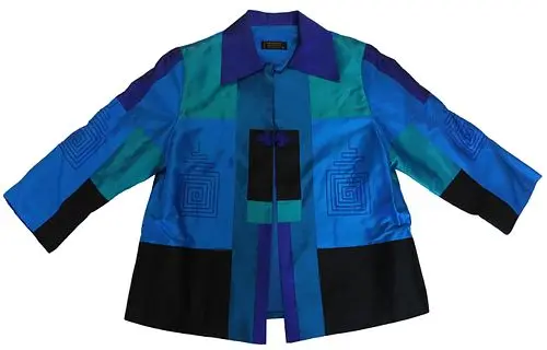 Handmade Thai Silk Color Block Patchwork Jacket with Geometric Embroidery