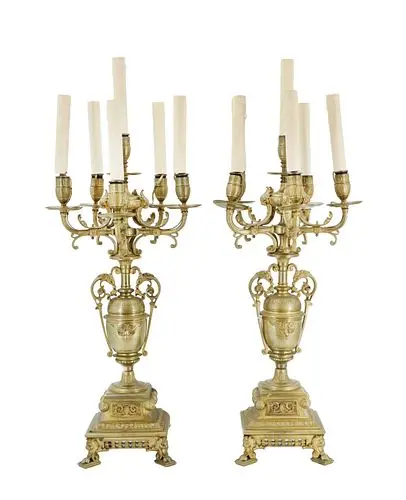 (2) Vintage Gilt Bronze Six-Sconce Electrified Candelabras