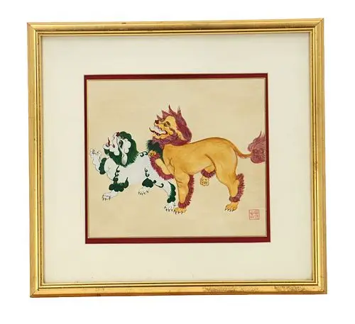 Antique Chinese "Snow Lions of Tibet" Painting on Silk