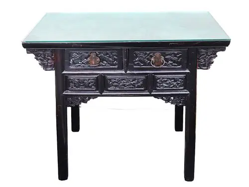 Vintage Chinese Carved and Lacquered Wood Console Table with Glass Top