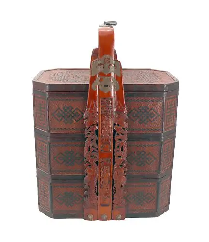 Large Vintage Chinese Red Lacquered Wood and Wicker Three Tier Wedding Basket