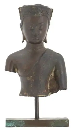 Antique Siamese Incomplete Bronze Buddha Bust on Metal Stand