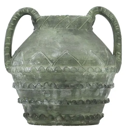 Spanish Brutlalist Style Double Handled Green Glazed Pottery Vase