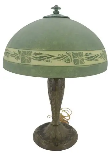 Arts & Crafts Acid-Etched Frosted Green Glass Table Lamp