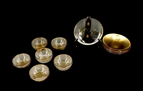 (12) Mid Century Modern Smoke Glass and Gilt Bowls and Plates