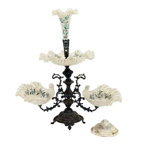 Antique Victorian Bronze and Hand Painted Milk and Opaline Glass Epergne