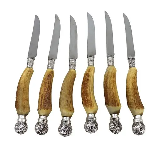 (6) Vintage Sheffield Natural Stag Horn Handle Knives with Silver Cuffs