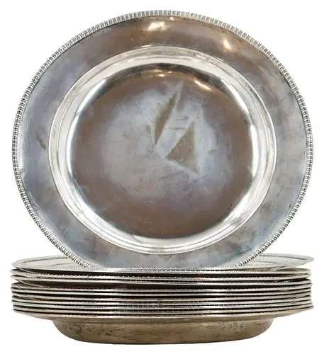 (12) Antique Monogrammed Coin Silver Dinner Plates - Approx. 176.52 ozt.