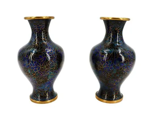 Pair of Vintage Chinese Cloisonne Brass and Copper Enameled Floral Vases