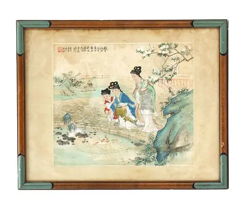 Chinese Gongbi Women in Garden Watercolor on Silk