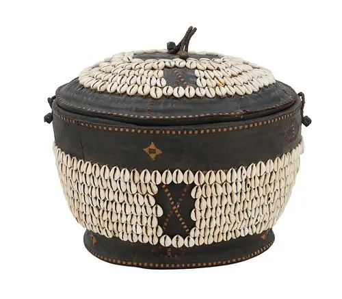West African Northern Nigerian Hausa Leather and Cowrie Shell Carrying Basket