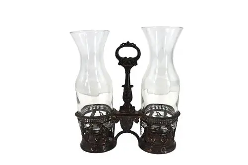 (2) Antique English Glass Wine Carafes in Sterling Silver Carrier - 5.635 ozt.