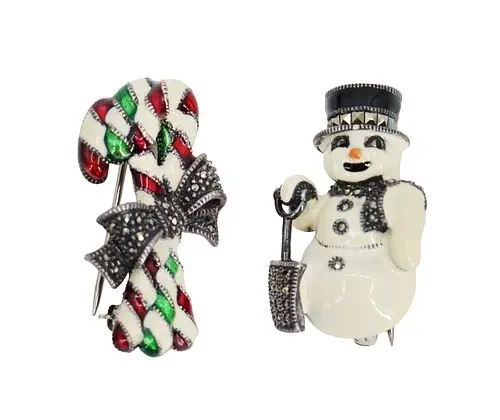 (2) Judith Jack Sterling Silver, Enamel, and Marcasite Christmas Brooches
