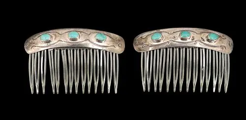 Pair of Southwestern-Style Silver & Turquoise Hair Combs - Approx 0.835 ozt.