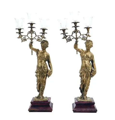 (2) 19th Century Style Classical Bronze Figural 3-Arm Candelabra with