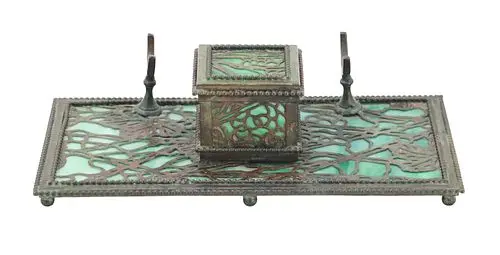 Antique Apollo Studios Etched Metal and Green Slag Glass Inkwell