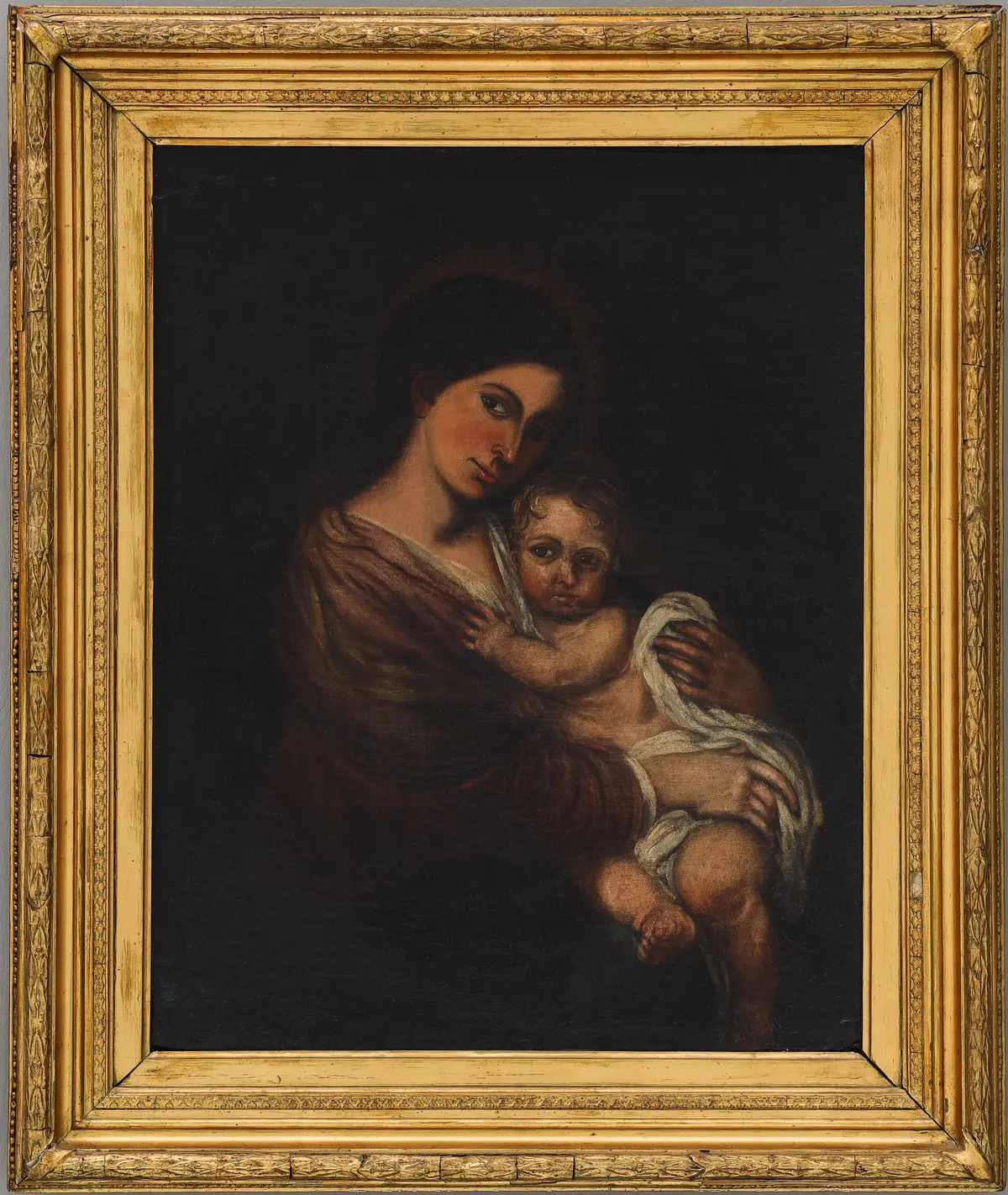 OIDENTIFIERAD KONSTNÄR. olja på duk, jungru Maria och Jesusbarnet, 1800-tal.