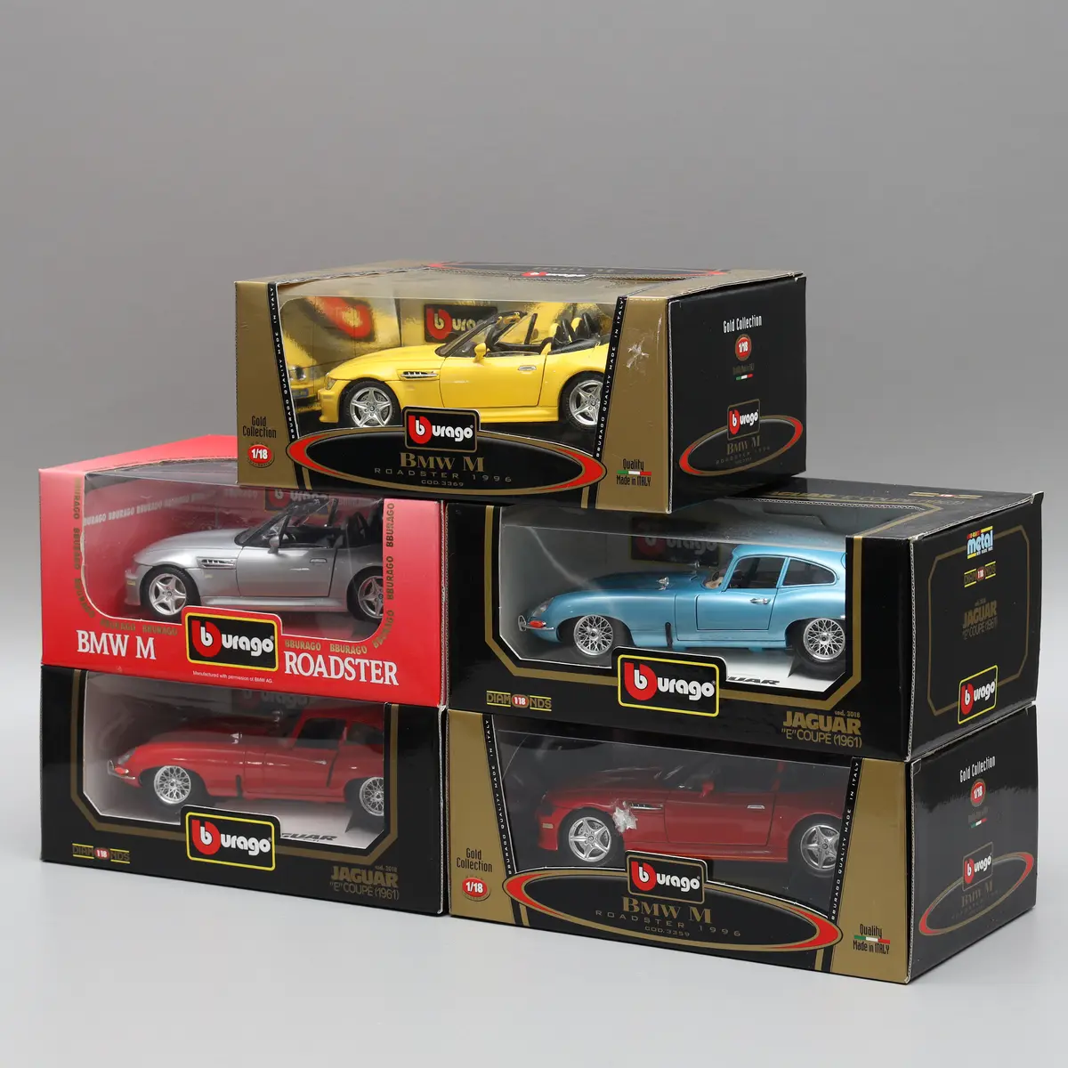 MODELLBILAR, 5 st, BMW M Roadster röd/silvermetallic/gul 1996, Jaguar
