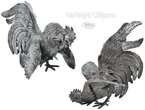 Pair Antique Solid 800 Silver (1,289g) Cockerels / Roosters fighting