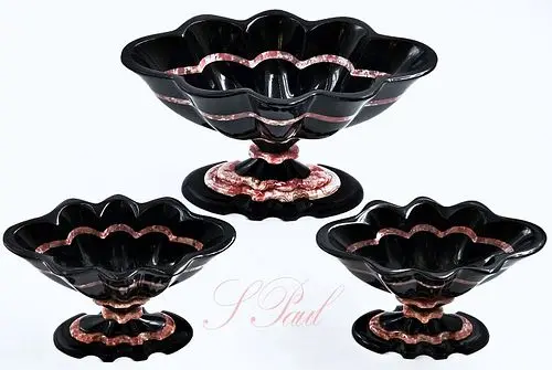 Set Of Three Black Onyx & Rhodochrosite Centerpieces