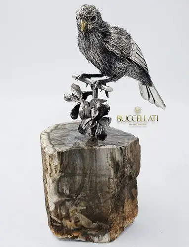 M. Buccellati Silver Furry Bird Sitting On A Branch With Hand Carved