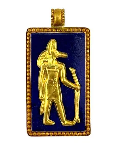 Anubis, Egyptian Jackal Headed Figural Engraved Gold & Lapis Pendant Plaque