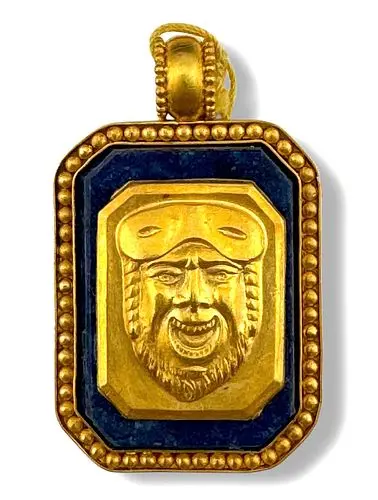 Ancient Greek Theatrical Mask Engraved Gold & Lapis Pendant Plaque