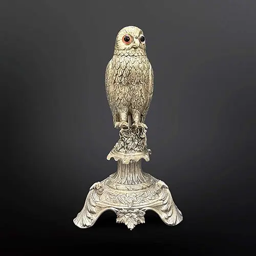A Mid Century Continental Silver-Plated Owl Statue