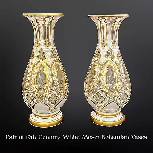 A Pair of 19th Century Bohemian Moser White Art Glass Crystal Vases