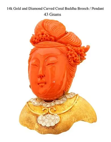 14k Gold & Diamond Carved Coral Buddha Brooch/Pendant