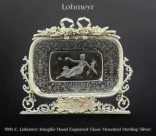 A Magnificent 19th C. Lobmeyr Intaglio Engraved Glass Sterling Silver