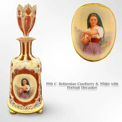 19th C. Bohemian Hand Painted Cranberry & White Art Glass Crystal