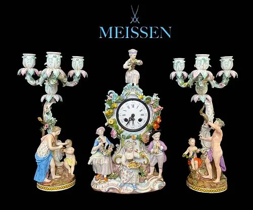A Fine 19th C. German Meissen Hand Painted Porcelain Figural Clock