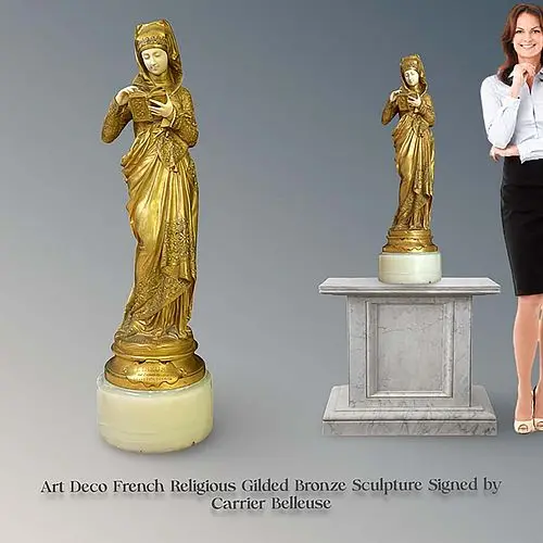 An Art Deco French Religious Gilt Bronze Sculpture, Carrier Belleuse Signed