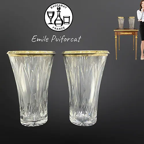 A Pair of 19th C. French Baccarat Crystal Gilt Silver Rims Vases, Signed