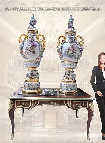 A Pair Of Monumental Meissen Style Hand Painted Porcelain Figural Vases