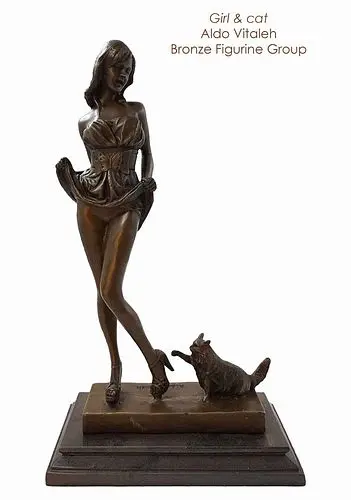 Girl & Cat, An Art Deco Style Aldo Vitaleh Signed Original Bronze
