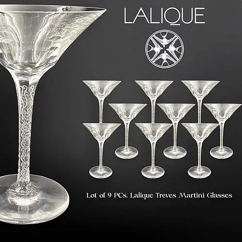 A Set of Nine Lalique Treves Martini Glasses, Signed