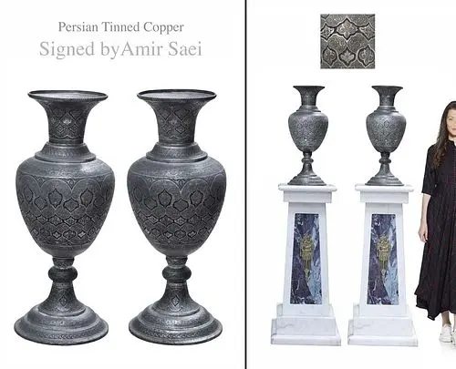 A Pair Of Large Persian Amir Saei Signed Tinned Copper Vases