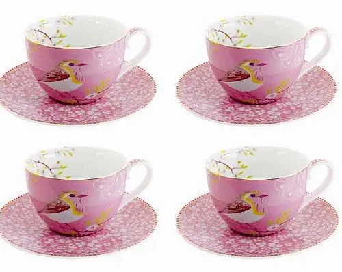 A Set of Four Pink Bird Flower Dogwood Branches Porcelain Cup & Saucer