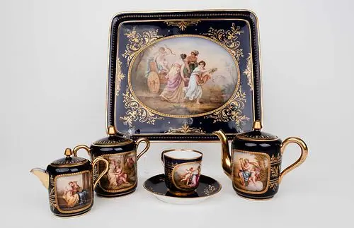19th C. Royal Vienna Hand Painted Cobalt Porcelain Tea Set, Hallmarked